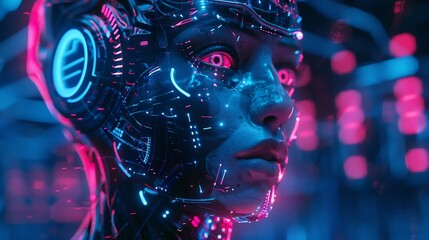 Close-up of a Cyborg's Face with Glowing Neon Lights