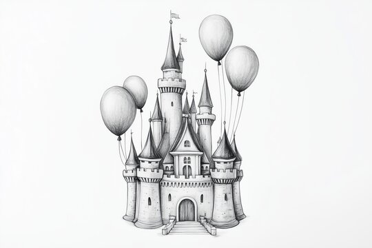 Fantasy castle with floating balloons, pencil sketch art