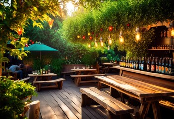 Obraz premium lively beer garden featuring bright wooden colorful atmosphere ideal relaxation socializing, foliage, seating, vibrant, colors, outdoor, plants, nature