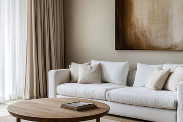 Fototapeta premium Minimalist, modern japandi interior in living room with sofa and interior accessories. Generative AI 