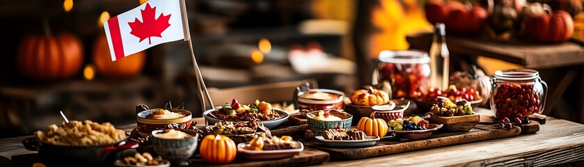 Fototapeta premium A festive Canadian table adorned with autumn harvest foods, pumpkins, and a national flag, celebrating seasonal flavors.