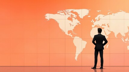 Silhouette of a businessperson in front of a global map, strategy optimization, international business goals