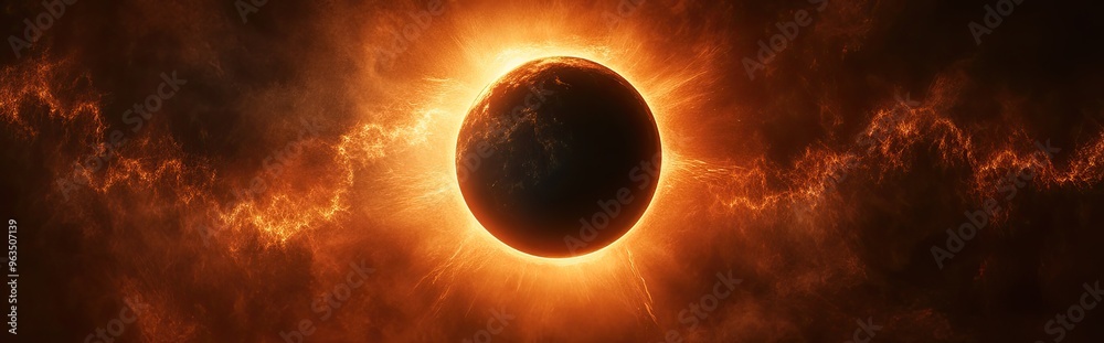Poster dramatic eclipse visualization with vibrant contrasts and a glowing corona effect