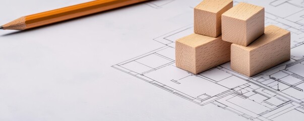 Strategic planning concept with blueprints and 3D business models, future business goals, optimization