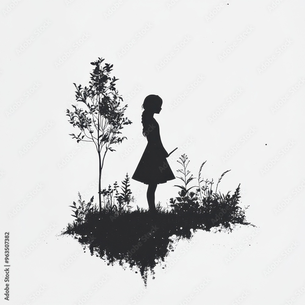 Wall mural silhouette of a girl in nature: floating island with trees and plants