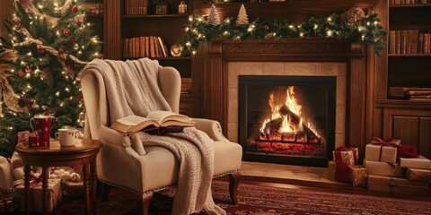 A cozy study with a crackling fireplace