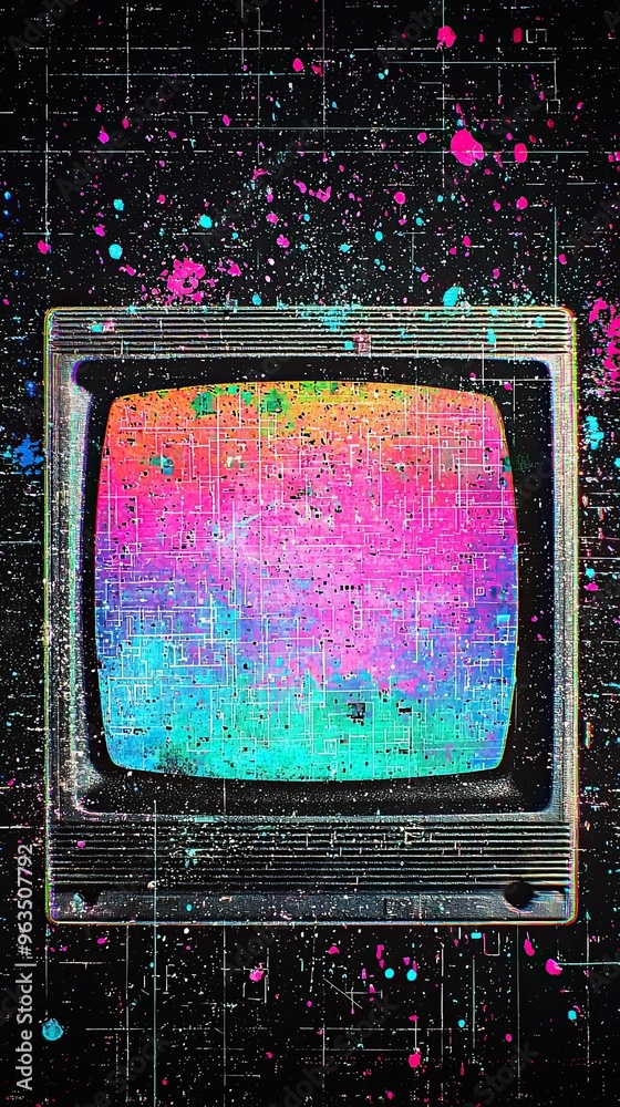 Poster Retro CCTV Screen Displaying Multicolored Static and Noise With Horizontal Lines Vibrant Textures