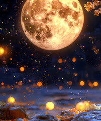 Moonlit Courtyard in an Ancient Chinese Garden With Floating Lanterns at Night