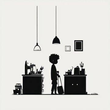 recommend clip art: Minimalist silhouette of person cleaning modern kitchen interior, monochrome art scene
