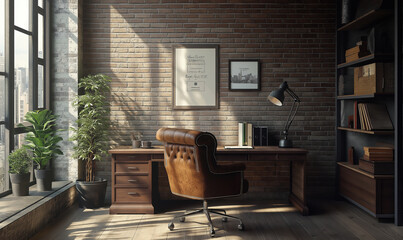 Vintage Home Office with Leather Chair wooden desk and Brick Wall