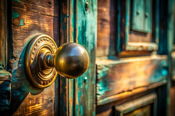 A door with a gold knob and a green door frame