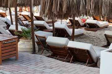 sunbed on beach  in pefkochori, greece 