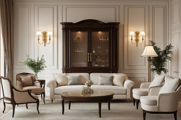 Elegant Living Room with Traditional Furniture and Ornate Cabinet. A refined living room design featuring a blend of classical and luxurious elements.