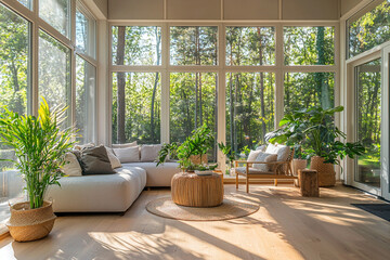 A photo of the mid-century modern interior and Scandinavian interior combination in the living room with a view of the garden out the window. Generative AI
