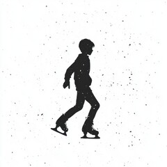 Silhouette of child ice skating on speckled white background
