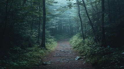 Obraz premium Misty Forest Path Winding Through Lush Greenery