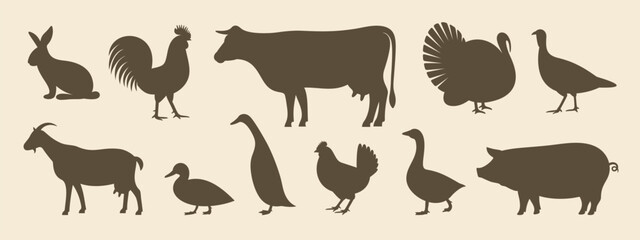 Farm animals silhouette. Isolated farm animals on white background