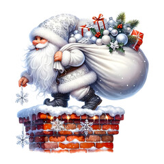 A Christmas gnome is standing on a chimney.