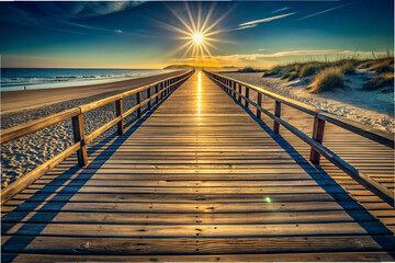 Obraz premium A long wooden boardwalk leading to the beach. The sun is shining brightly, casting a warm glow on the scene. The beach is empty, with only a few people scattered along the shoreline