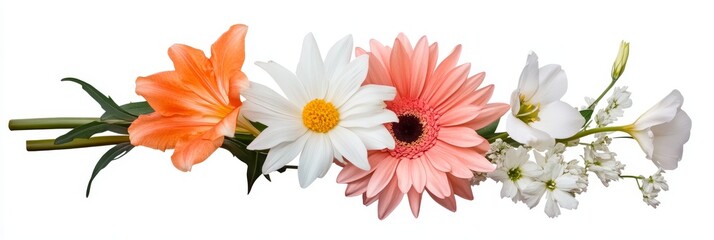 Fototapeta premium A captivating arrangement of assorted flowers, including delicate lilies, cheerful daisies, and a graceful gerbera daisy, beautifully arranged and isolated on a pristine white background. This image e