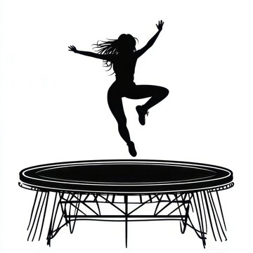recommend clip art: Energetic silhouette of woman jumping on trampoline in mid-air pose
