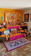 Colorful Day of the Dead Celebration With Marigolds and Altars Decorated in a Vibrant Indoor Setting