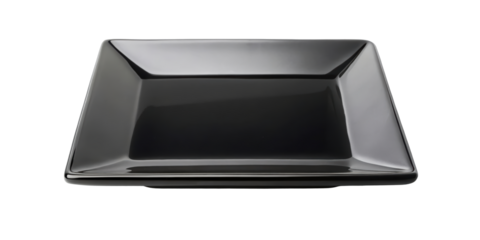 Rectangular glossy black ceramic plate with a smooth surface and modern design, ideal for elegant dining or serving presentations. Isolated on transparent background, png.