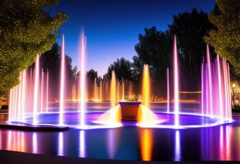 contemporary water fountain showcasing dynamic jet streams vivid colors modern design, vibrant, colorful, urban, feature, landscape, outdoor, display