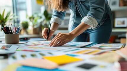Obraz premium Designer Creating Interactive Layout Elements for Print Media in a Bright Studio Workspace