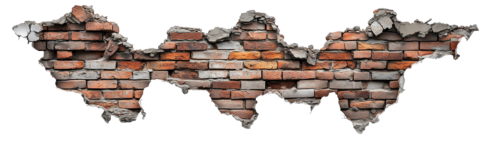 Brick Wall. Wall. Destroyed brick wall with transparent background. Cut out. Alpha Channel. Isolated.