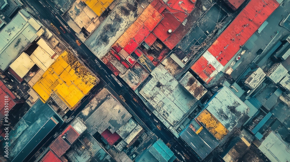 Poster Aerial View of an Urban Grid with Intersecting Roads and Colorful Buildings