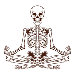 Hand- drawn Skeleton drawn in a pencil-like style, sitting in a yoga pose and meditating, Zen skeleton illustration