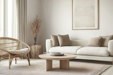 Minimalist, modern japandi interiors in the living room with sofas and interior accessories. Generative AI
