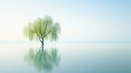 Serene landscape with solitary willow tree