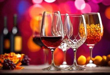 elegant collection sophisticated wine glasses displayed vibrant colorful showcasing various shapes designs, crystal, stemware, luxury, decor, aesthetics
