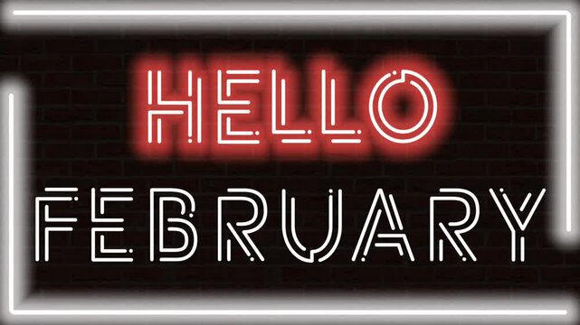 Neon animation of the text HELLO FEBRUARY in red and pink with a blinking effect, and two white neon progress lines forming a rectangular frame, set against a brick wall background. 