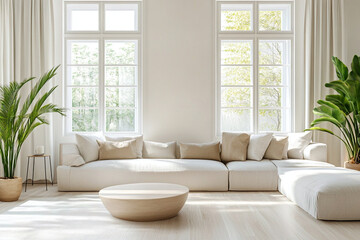 Minimalist, modern japandi interiors in the living room with sofas and interior accessories. Generative AI
