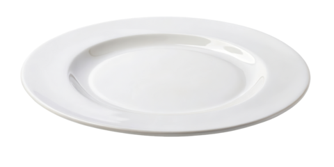 White round ceramic plate shown from a side view, featuring a simple and clean design. Suitable for both formal and casual dining settings. Isolated on transparent background, png.