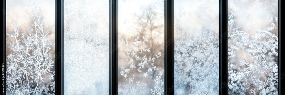 Poster Intricate Frosty Patterns on Glass Create a Winter Wonderland View at Dawn