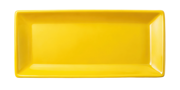 Long yellow rectangular serving tray, ideal for serving appetizers or sushi. The bold color adds style to any dining setup or kitchen decor. Isolated on transparent background, png.