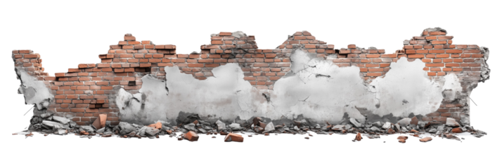 Brick Wall. Wall. Destroyed brick wall with transparent background. Cut out. Alpha Channel. Isolated.