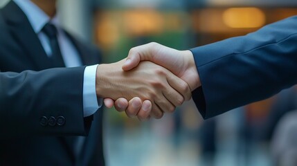 Business handshake. Asian business people making a handshake, close up. Two corporate businessman shaking hands during meeting in office, business union company, teamwork, partnership,generative ai