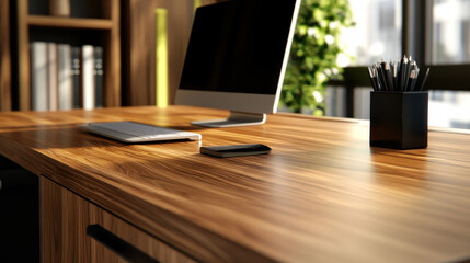 A clean and organized modern office desk with a beautiful woodgrain top, featuring a computer monitor, a keyboard, a smartphone, and a pencil holder. The desk exudes a sense of productivity and style.