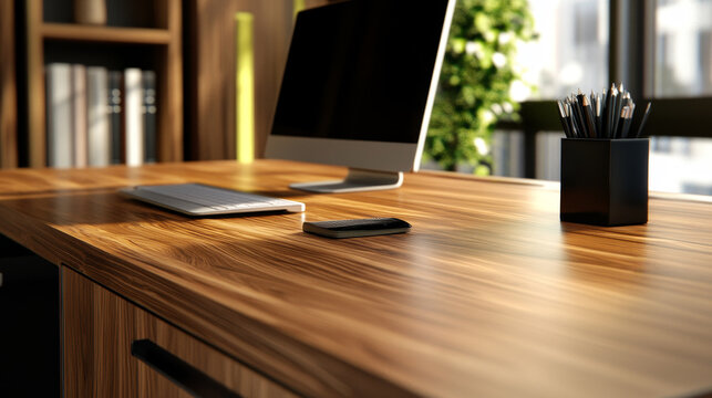 A clean and organized modern office desk with a beautiful woodgrain top, featuring a computer monitor, a keyboard, a smartphone, and a pencil holder. The desk exudes a sense of productivity and style.