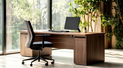 A clean and spacious office desk with a modern design, featuring a wooden desk with drawers, a comfortable ergonomic chair, a computer monitor, and natural light streaming through large windows. Green