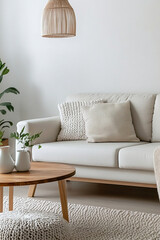 Naklejka premium Minimalist, modern japandi interiors in the living room with sofas and wooden tables. Generative AI 