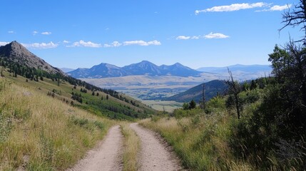 Dirt Road Winding Through Green Hills and Mountains Under Blue Sky