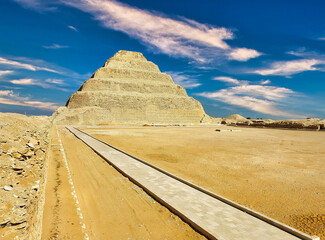 Wide angle view of the Great Step Pyramid of Djoser and the hed seb courtyard,built by Imhotep, the...