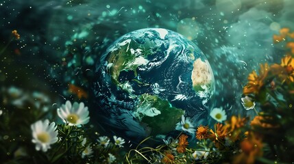 Earth Globe Surrounded by Flowers and a Green Haze