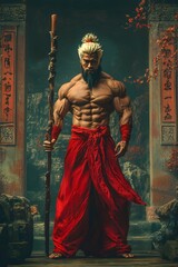 Obraz premium The Journey to the West's Monkey King Sun Wukong, wearing Chinese armor with gold accents and patterns on his chest, is seen furiously glaring at the camera.